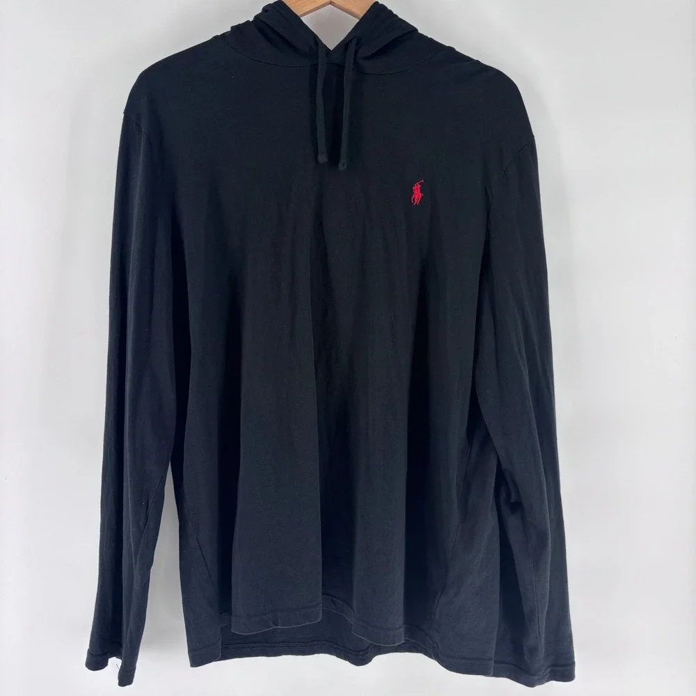 Polo‎ Ralph Lauren Hooded T-Shirt Mens Large Black Red Pony Logo Long Sleeve Tee